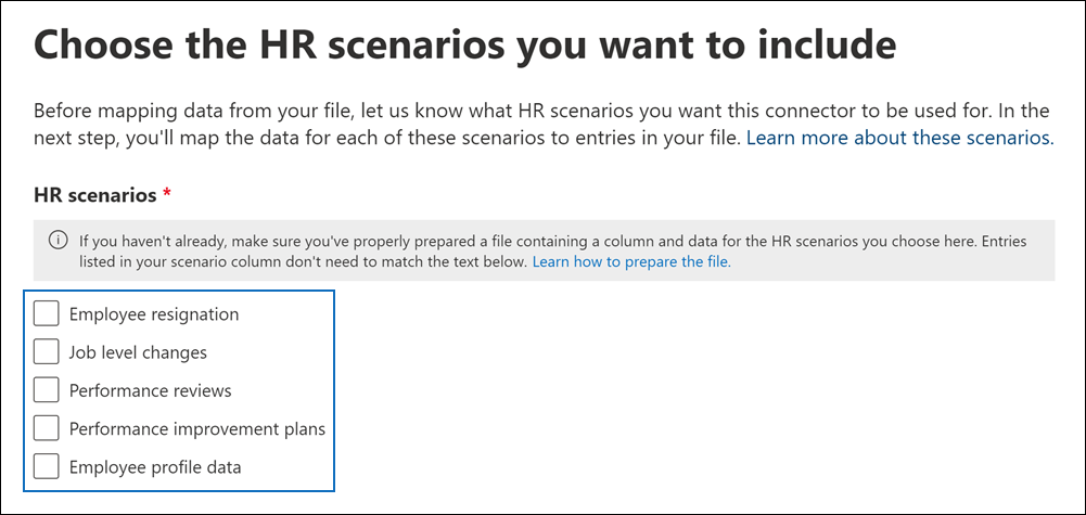 Selecione um ou mais cenários de RH.