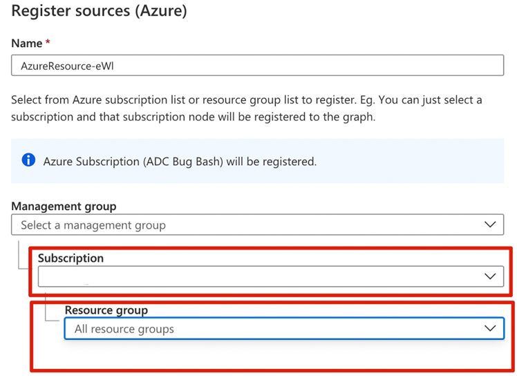 Captura de ecrã a mostrar as caixas para selecionar uma subscrição e um grupo de recursos.