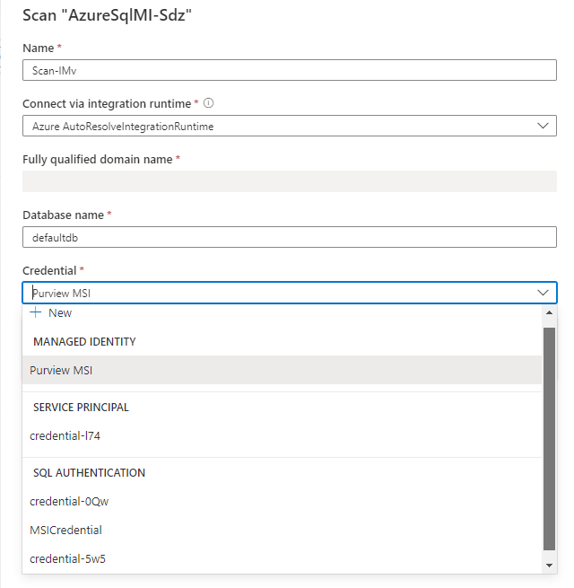 Captura de ecrã da nova janela de análise, com o MSI do Purview selecionado como a credencial, mas um principal de serviço ou autenticação SQL também disponível.