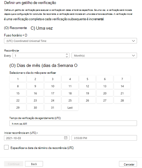 Captura de ecrã a mostrar a página definir um acionador de análise com uma agenda mensal periódica.