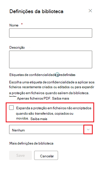 Caixa de verificação Expandir permissões para a etiqueta de confidencialidade predefinida da biblioteca do SharePoint.