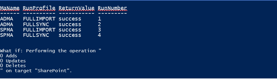 Resultado do commandlet Start-SharePointSync quando executado com as opções -Verbose e -Whatif.