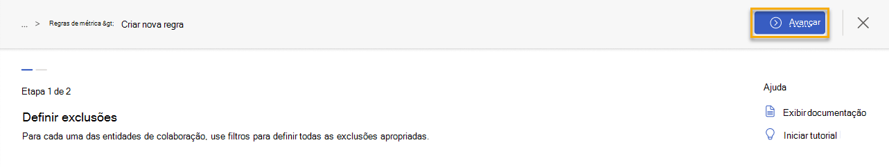 Captura de tela que mostra o botão Avançar no canto superior direito da página realçado.