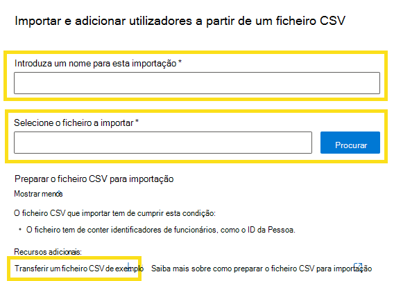 Captura de ecrã que mostra como importar novos utilizadores de um ficheiro csv.