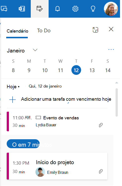 Captura de ecrã do separador O Meu Dia no Outlook.