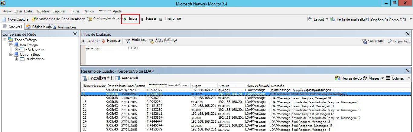 Captura de ecrã a mostrar a caixa de diálogo Monitor de Rede da Microsoft com o botão Iniciar.