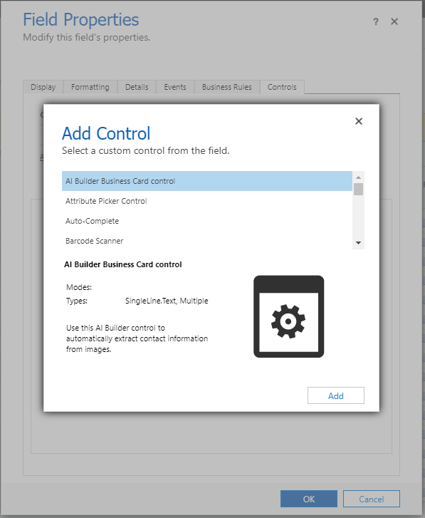 Tela Adicionar Controle do Editor de formulários.