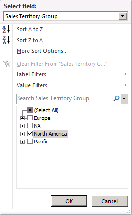 Painel de filtro para selecionar América do Norte