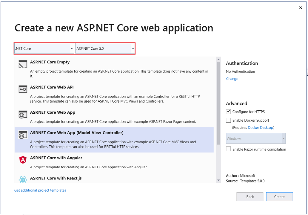 Caixa de diálogo Novo projeto do ASP.NET Core