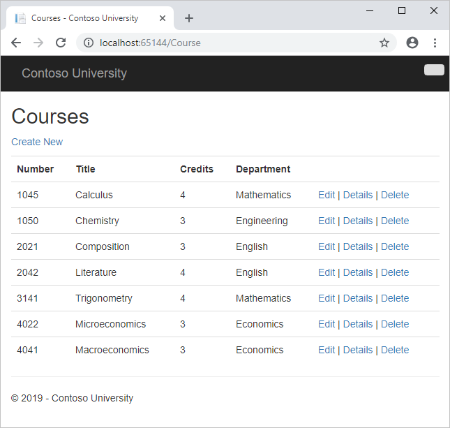 Captura de tela que mostra a página Cursos com uma lista de cursos.