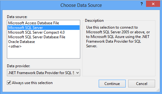 Captura de tela que mostra a caixa de diálogo Escolher Fonte de Dados. A fonte de dados Microsoft SQL Server está selecionada.