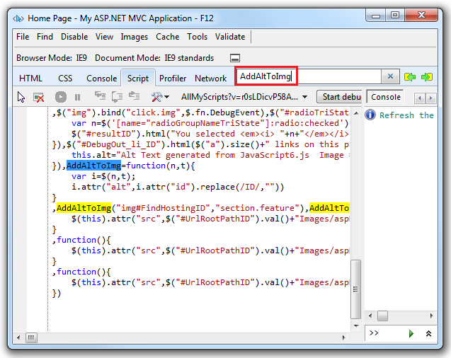 Captura de tela que mostra a guia Script da ferramenta de desenvolvedor I E F 12. A caixa de entrada Script de pesquisa com Adicionar Alt a lmg inserida é realçada.