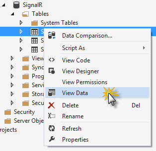 Exibir tabela de mensagens de backplane do SignalR