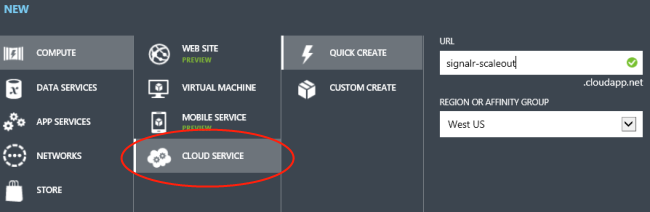 Captura de tela do painel NOVO com a opção e o ícone do Serviço de Nuvem sendo realçados no aplicativo, bem como um círculo vermelho.