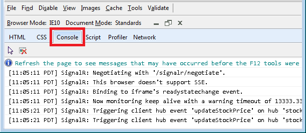 Console do IE 10, IIS 7.5