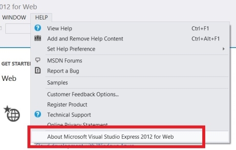 Captura de tela que mostra o menu suspenso Ajuda. Cerca de Microsoft Visual Studio Express 2012 para Web é circulado em vermelho.