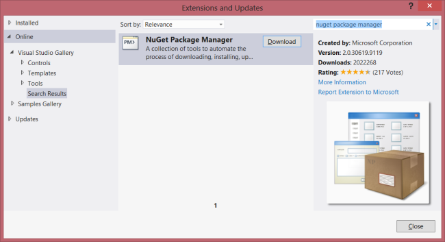 Captura de tela da caixa de diálogo Extensões e Atualizações mostrando o Gerenciador de Pacotes NuGet nos resultados da pesquisa, que está realçado em cinza.