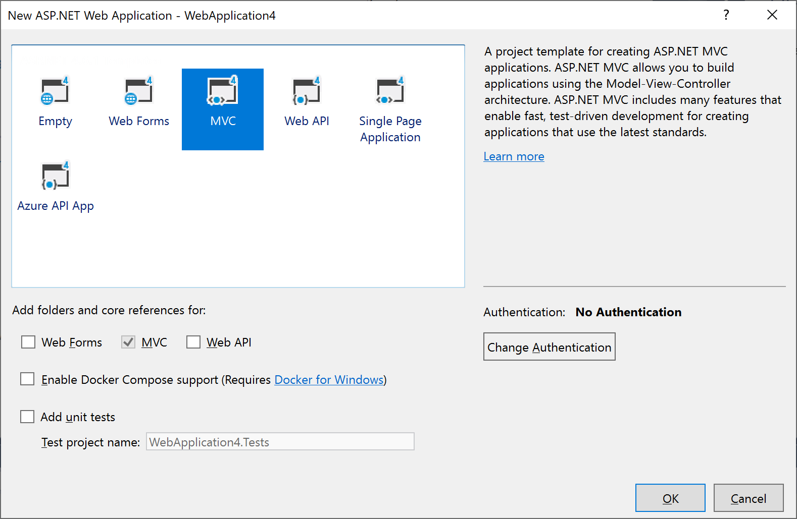 Modelo MVC na caixa de diálogo Novo Projeto ASP.NET no Visual Studio