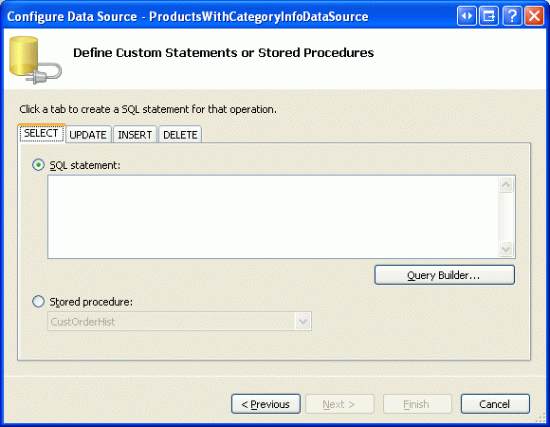 Inserir uma instrução SQL personalizada ou escolher um procedimento armazenado