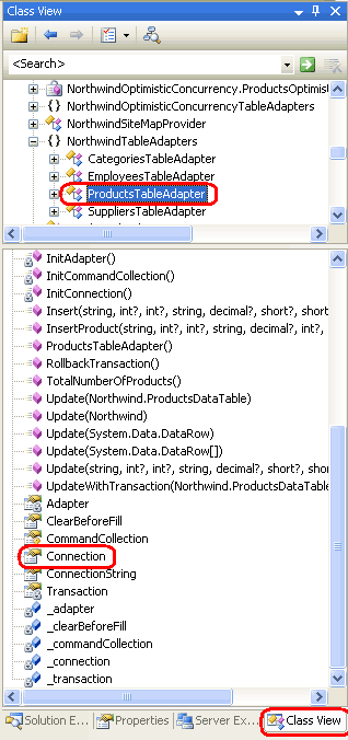 Clique duas vezes na propriedade Connection na exibição de classe para exibir seu código gerado automaticamente