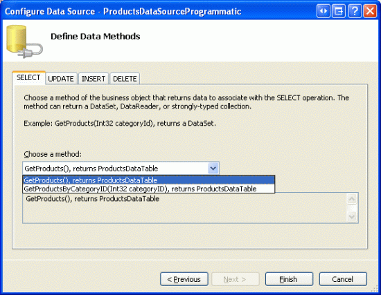 Selecione o método GetProducts na lista de Drop-Down da guia SELECT