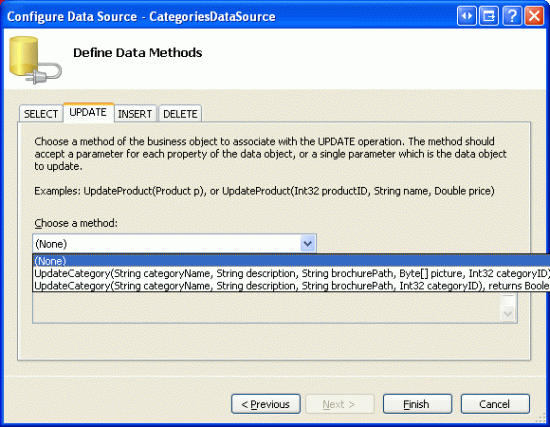 Defina as listas suspensas nas guias UPDATE, INSERT e DELETE como (Nenhum)