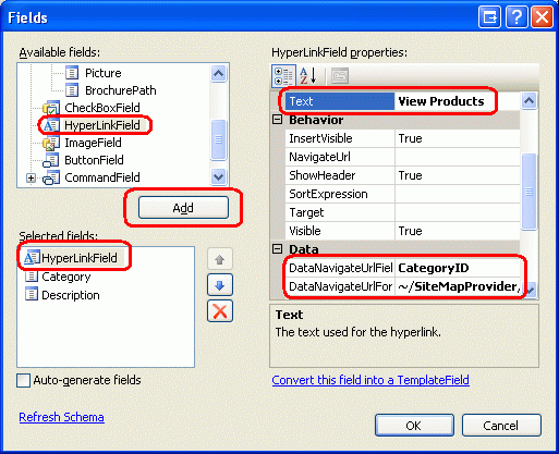 Adicionar um HyperLinkField às categorias GridView