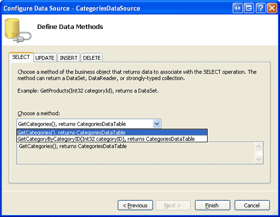 Configurar o ObjectDataSource para usar o método GetCategories da classe CategoriesBLL