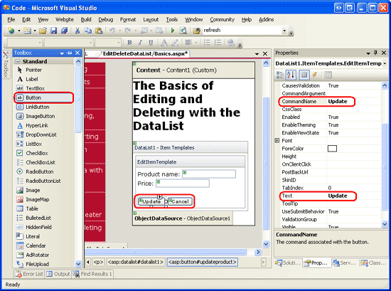 Captura de tela mostrando o DataList EditItemTemplate com os botões Atualizar e Cancelar adicionados.