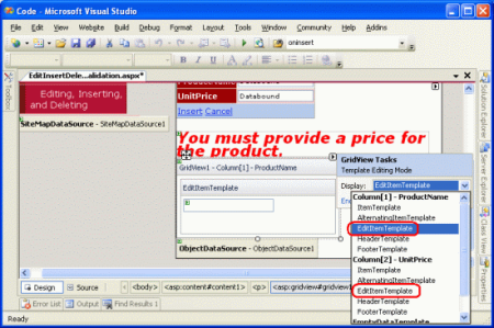 Precisamos estender o ProductName e o EditItemTemplates do UnitPrice