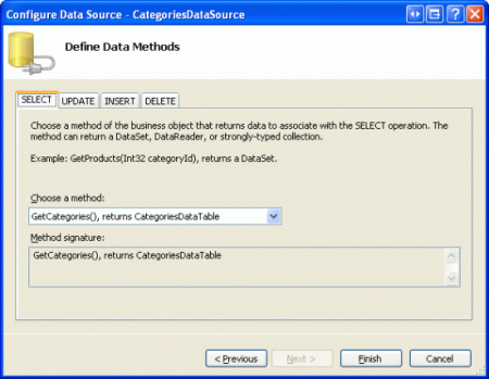 Vincule o ObjectDataSource ao método GetCategories() da BLL