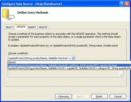 Mapeie o método update() do ObjectDataSource para a nova sobrecarga UpdateProduct