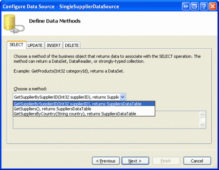 Configurar o objeto SingleSupplierDataSourceDataSource para usar o método GetSupplierBySupplierID(supplierID)