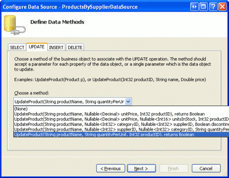 Configurar o ObjectDataSource para usar a sobrecarga updateproduct que acabou de ser criada