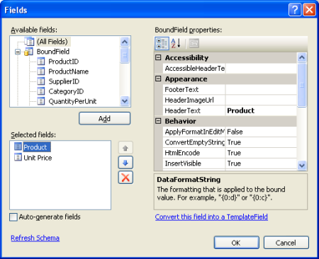 Remova tudo, exceto o ProductName e o UnitPrice BoundFields