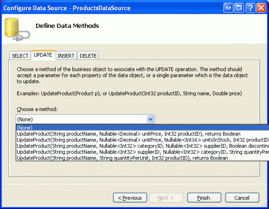 Defina as listas suspensas nas guias UPDATE, INSERT e DELETE como (Nenhum)