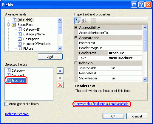 Converta o HyperLinkField em um TemplateField