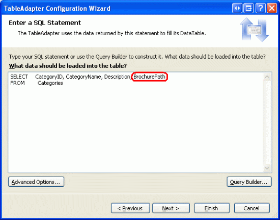 Atualize a lista de colunas na instrução SELECT para retornar também BrochurePath