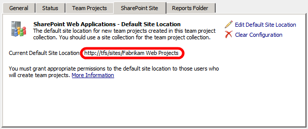 Na guia Site do SharePoint, observe o valor da U R L local do site padrão atual.