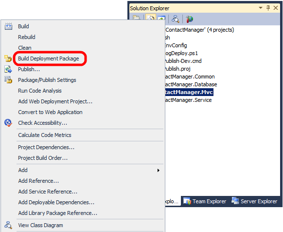 Para criar um pacote de implantação da Web para um projeto de aplicativo Web, na janela Gerenciador de Soluções, clique com o botão direito do mouse em seu projeto de aplicativo Web e clique em Compilar Pacote de Implantação.