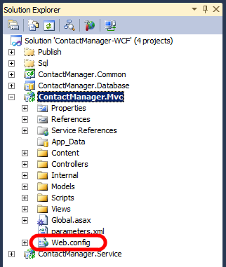 O projeto ContactManager.Mvc inclui dois arquivos web.config. Você precisa editar o arquivo no nível do projeto.