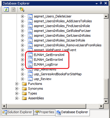 Captura de tela que mostra como o provedor de Log de Erros de SPL usa três procedimentos armazenados.