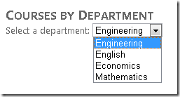 Captura de tela da janela do navegador Explorer internet, que mostra a exibição Cursos por Departamento com um menu suspenso para departamentos.