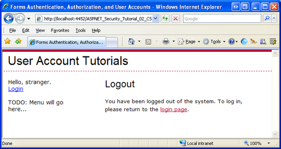 Logout.aspx mostra bem-vindo, estranho junto com um link de logonButton