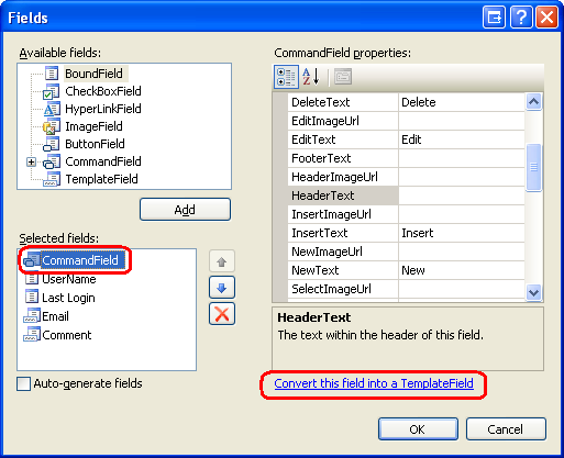 Converter o CommandField em um TemplateField