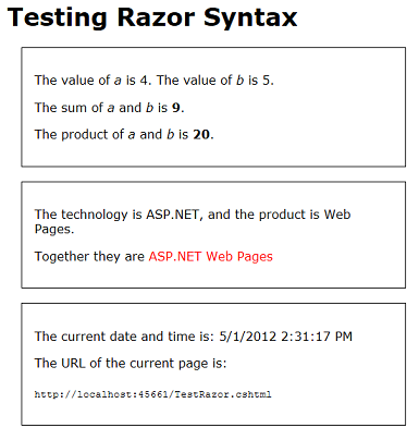 Captura de tela da página Test Razor em execução em uma janela do navegador, mostrando três caixas com os valores e expressões resolvidos.