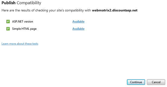 Captura de tela do teste Publicar Compatibilidade mostrando os resultados do teste com os itens bem-sucedidos indicados por um ícone de marca de seleção verde.