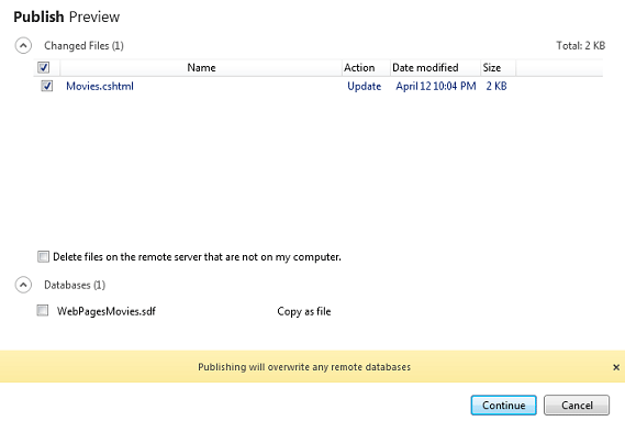 Captura de tela da caixa de diálogo Publicar Visualização mostrando os arquivos atualizados na lista de arquivos alterados e uma mensagem sobre a substituição de bancos de dados remotos.