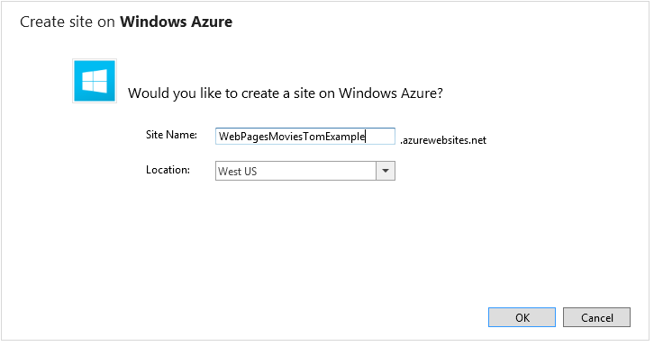 Captura de tela da janela Criar site no Windows Azure mostrando o nome do site alterado no campo Nome do site.