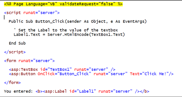 Captura de tela que mostra que o conteúdo pode ser facilmente codificado em HTML no servidor usando a API Server.HtmlEncode(string). O conteúdo também pode ser facilmente decodificado em HTML, ou seja, revertido para HTML padrão usando o método Server.HtmlDecode(string).